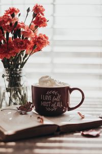 Preview wallpaper cup, inscription, words, book, flowers
