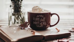 Preview wallpaper cup, inscription, words, book, flowers