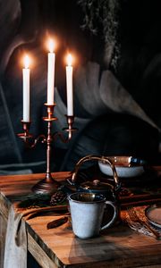 Preview wallpaper cup, kettle, candles, table