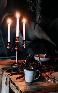Preview wallpaper cup, kettle, candles, table
