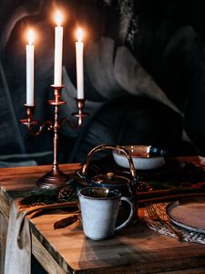 Preview wallpaper cup, kettle, candles, table