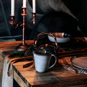 Preview wallpaper cup, kettle, candles, table