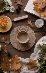 Preview wallpaper cup, leaves, flowers, autumn, mood, drink