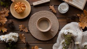 Preview wallpaper cup, leaves, flowers, autumn, mood, drink