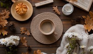Preview wallpaper cup, leaves, flowers, autumn, mood, drink