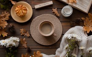 Preview wallpaper cup, leaves, flowers, autumn, mood, drink
