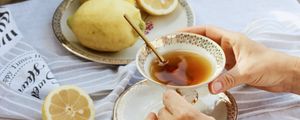 Preview wallpaper cup, lemon, hands, rings, tablecloth