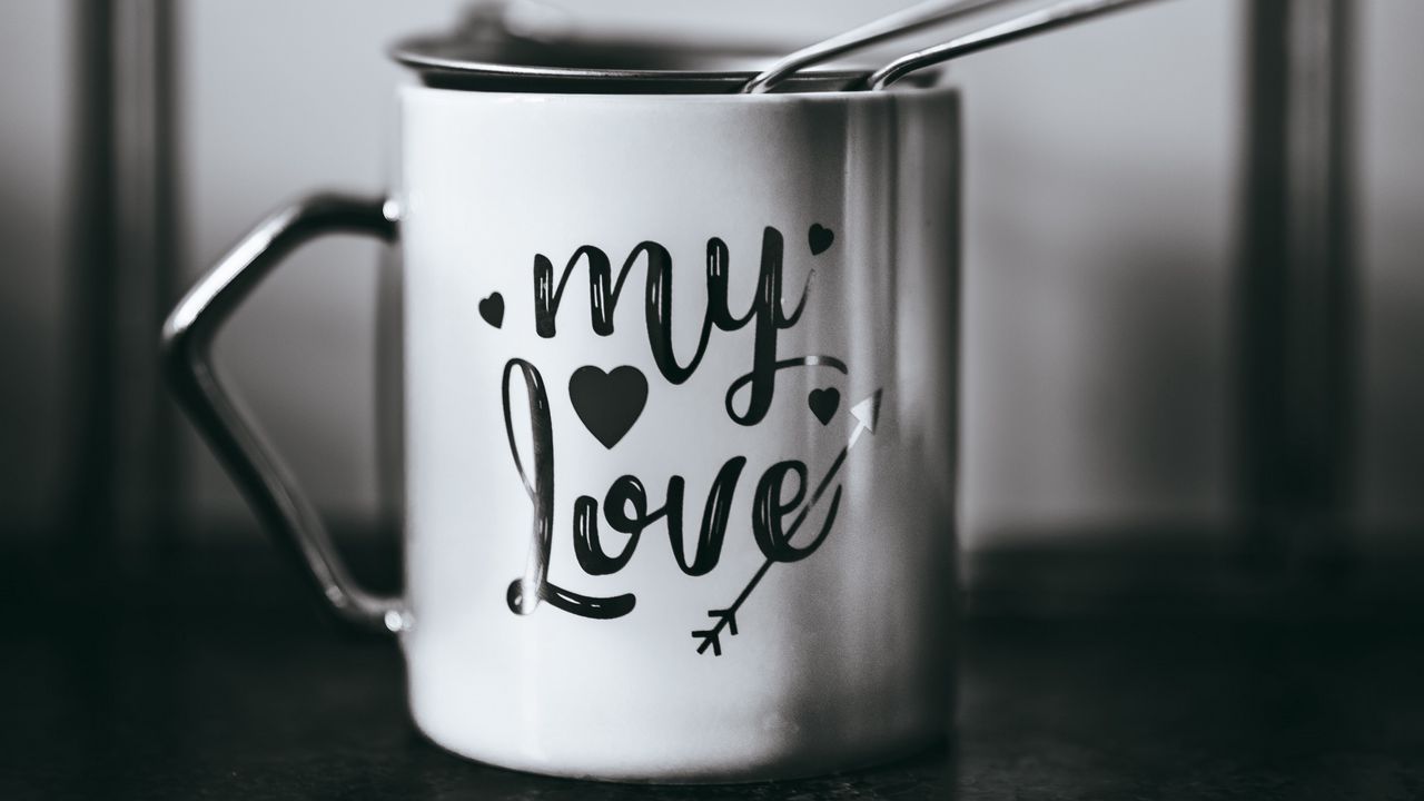 Wallpaper cup, love, inscription, bw