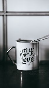 Preview wallpaper cup, love, inscription, bw