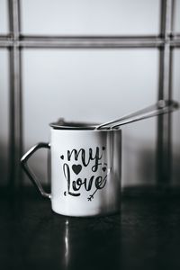 Preview wallpaper cup, love, inscription, bw