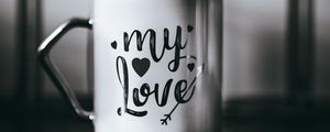 Preview wallpaper cup, love, inscription, bw