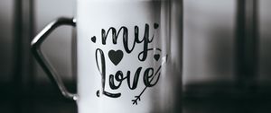 Preview wallpaper cup, love, inscription, bw