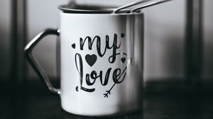 Preview wallpaper cup, love, inscription, bw