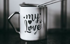 Preview wallpaper cup, love, inscription, bw