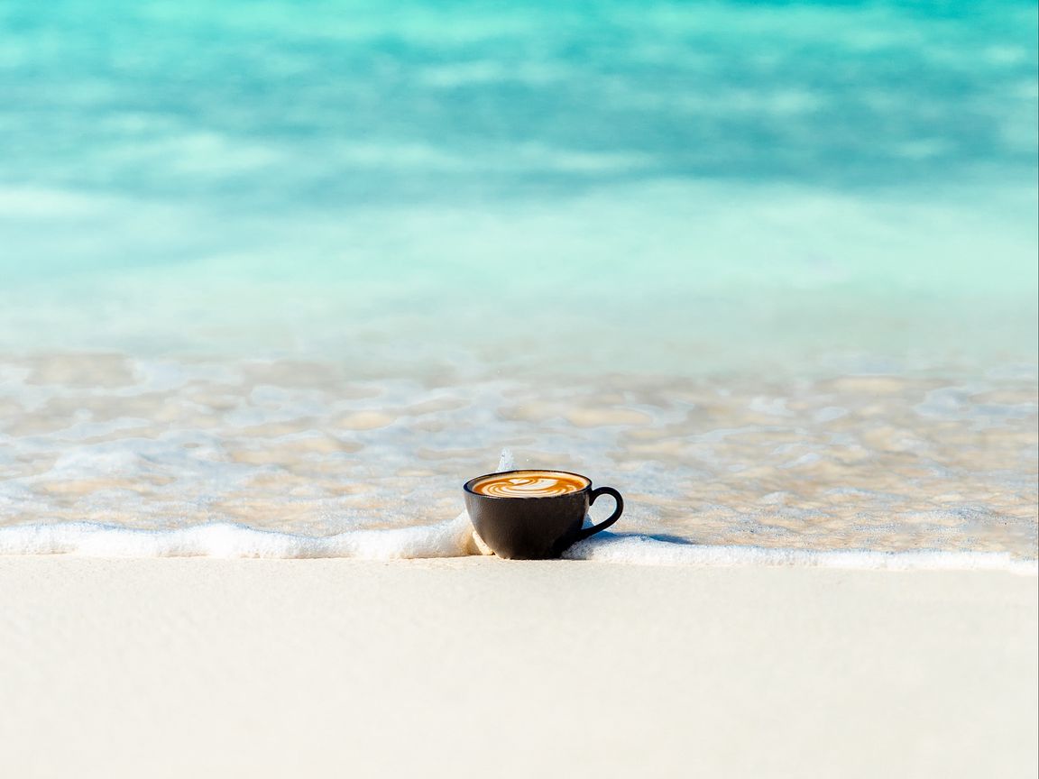 1152x864 Wallpaper cup, ocean, sand, coast, minimalism