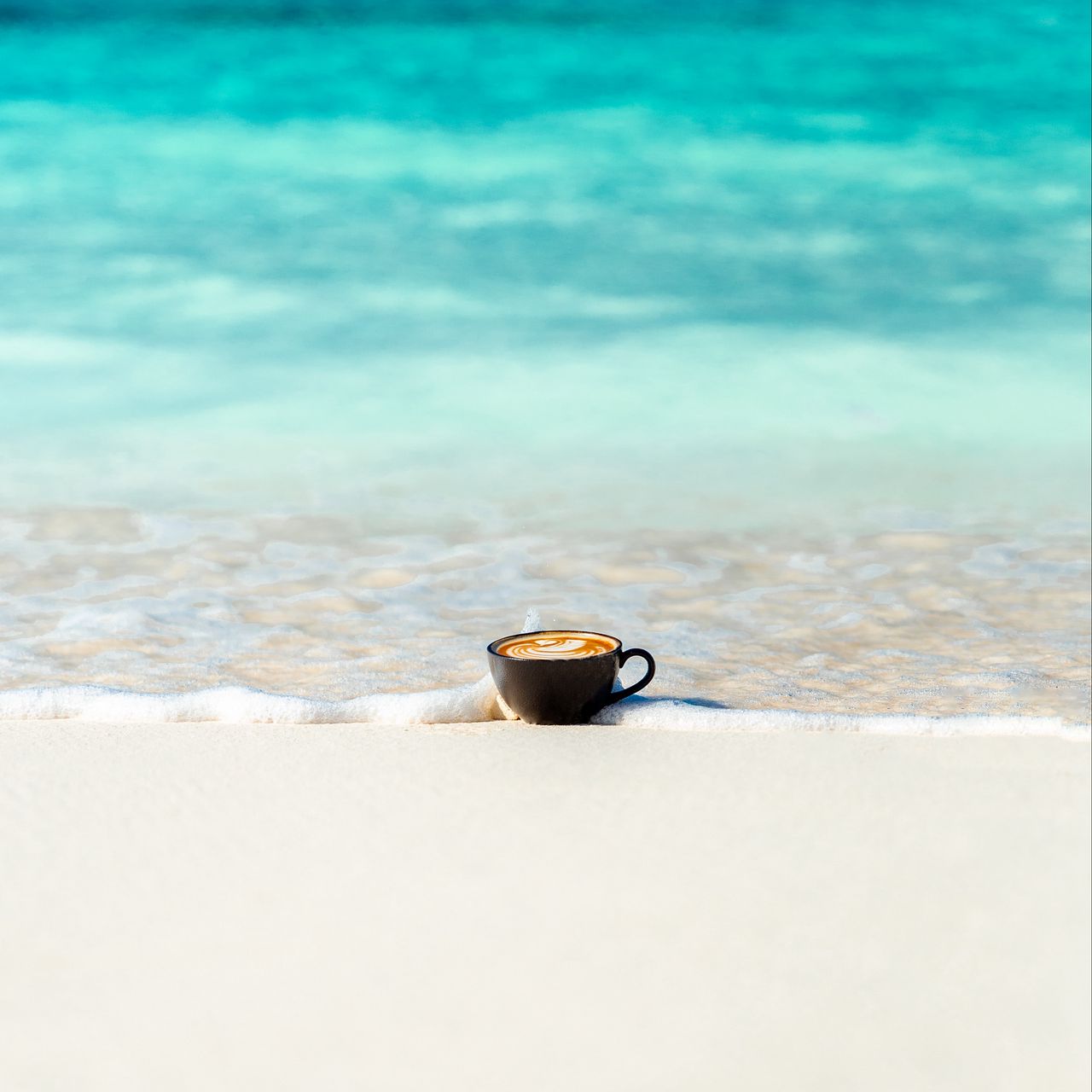 1280x1280 Wallpaper cup, ocean, sand, coast, minimalism