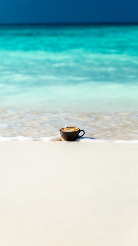 480x854 Wallpaper cup, ocean, sand, coast, minimalism