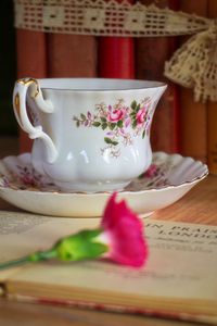 Preview wallpaper cup, plate, flower, book, aesthetics