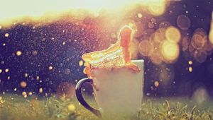 Preview wallpaper cup, splash, caramel, bokeh, flare, grass