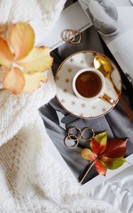 Preview wallpaper cup, spoon, rings, leaves, tea