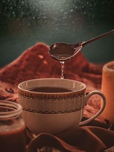 Preview wallpaper cup, spoon, tea, drop