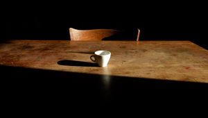 Preview wallpaper cup, table, chair, shadows, minimalism