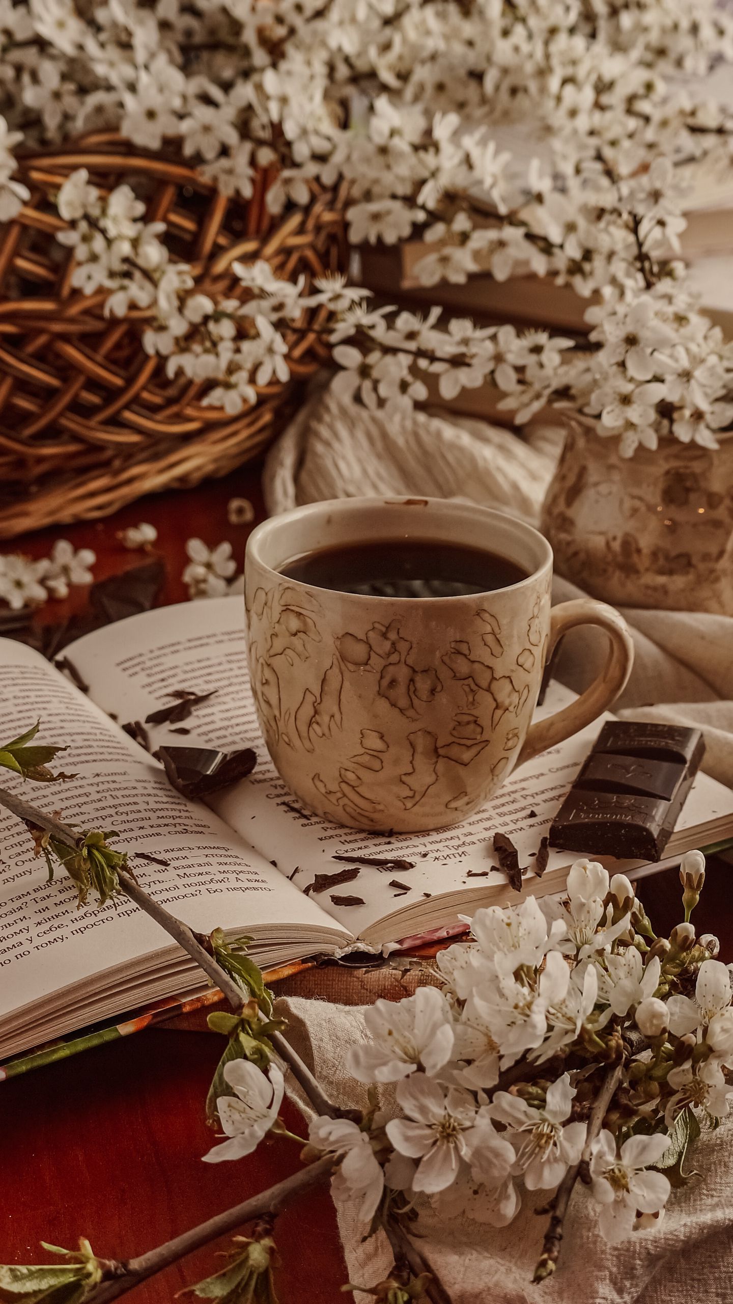Download wallpaper 1440x2560 cup, tea, chocolate, book, flowers qhd samsung  galaxy s6, s7, edge, note, lg g4 hd background