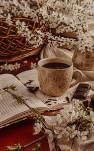 Preview wallpaper cup, tea, chocolate, book, flowers