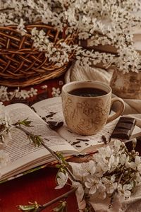 Preview wallpaper cup, tea, chocolate, book, flowers