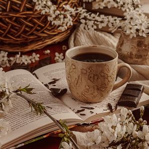 Preview wallpaper cup, tea, chocolate, book, flowers