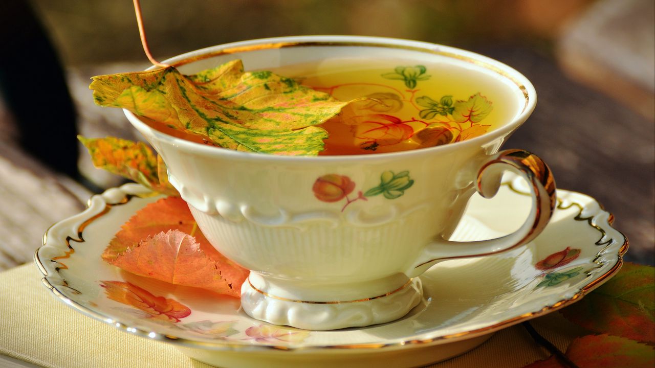Wallpaper cup, tea, drink, fall, leaves
