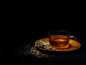 Preview wallpaper cup, tea, flowers, leaves, drink