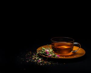 Preview wallpaper cup, tea, flowers, leaves, drink