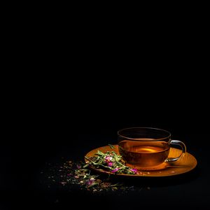 Preview wallpaper cup, tea, flowers, leaves, drink