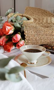 Preview wallpaper cup, tea, flowers, roses
