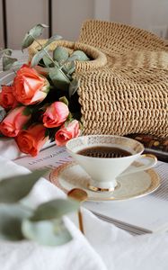 Preview wallpaper cup, tea, flowers, roses