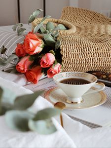 Preview wallpaper cup, tea, flowers, roses