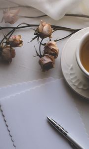 Preview wallpaper cup, tea, flowers, dry, paper, aesthetics