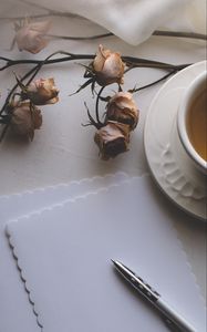 Preview wallpaper cup, tea, flowers, dry, paper, aesthetics