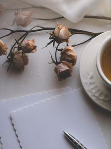 Preview wallpaper cup, tea, flowers, dry, paper, aesthetics