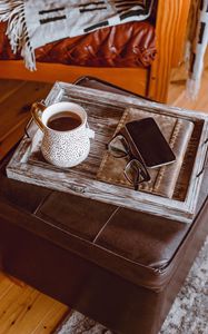 Preview wallpaper cup, tea, glasses, phone, table