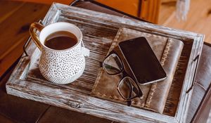 Preview wallpaper cup, tea, glasses, phone, table