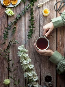 Preview wallpaper cup, tea, hands, flowers, honey