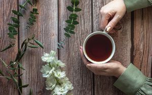 Preview wallpaper cup, tea, hands, flowers, honey