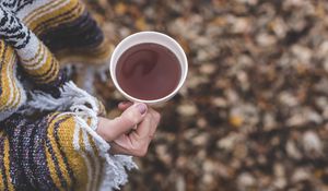 Preview wallpaper cup, tea, jacket, hand