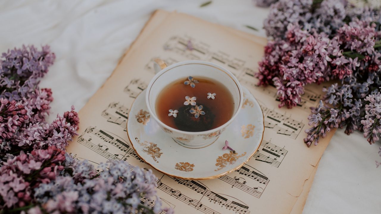 Wallpaper cup, tea, lilac, flowers, notes, still life