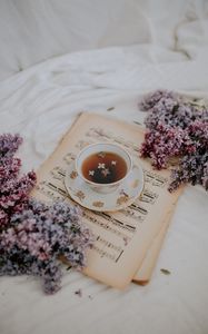 Preview wallpaper cup, tea, lilac, flowers, notes, still life