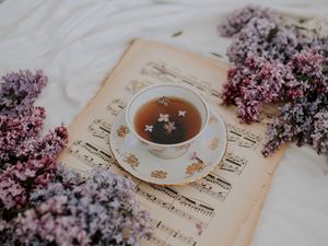 Preview wallpaper cup, tea, lilac, flowers, notes, still life