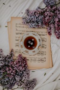 Preview wallpaper cup, tea, lilacs, flowers, notes