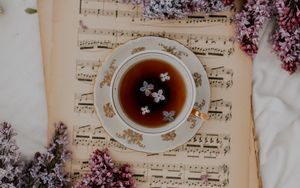 Preview wallpaper cup, tea, lilacs, flowers, notes